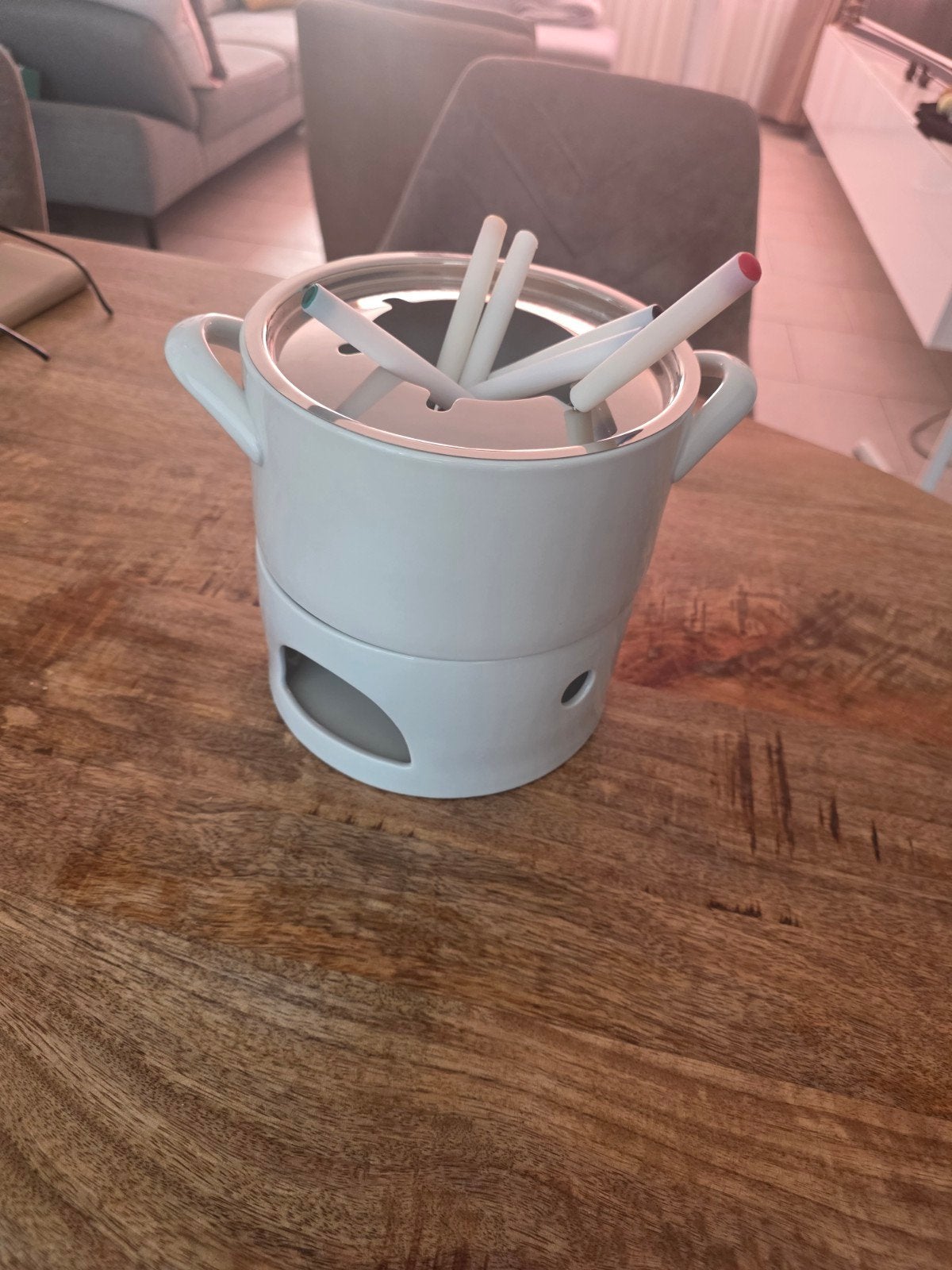 Witte fonduepan met rechaud en fonduevorkjes, Overige typen, Ophalen of Verzenden, Zo goed als nieuw, Steen/keramiek