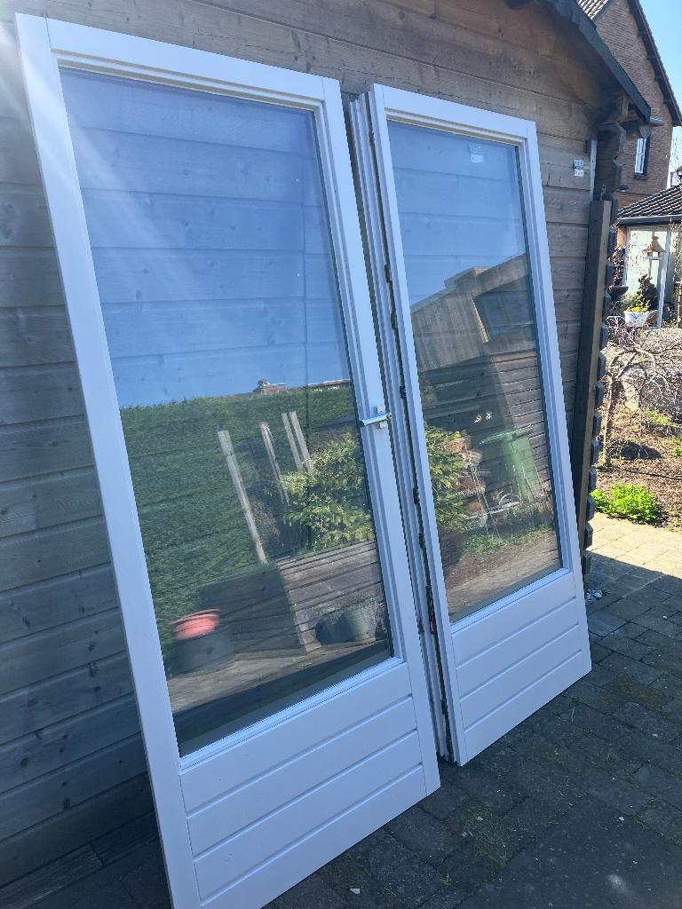 Tuindeuren, Doe-het-zelf en Verbouw, Deuren en Horren, Gebruikt, Buitendeur, 200 tot 215 cm, 120 cm of meer, Glas, Hout, Ophalen