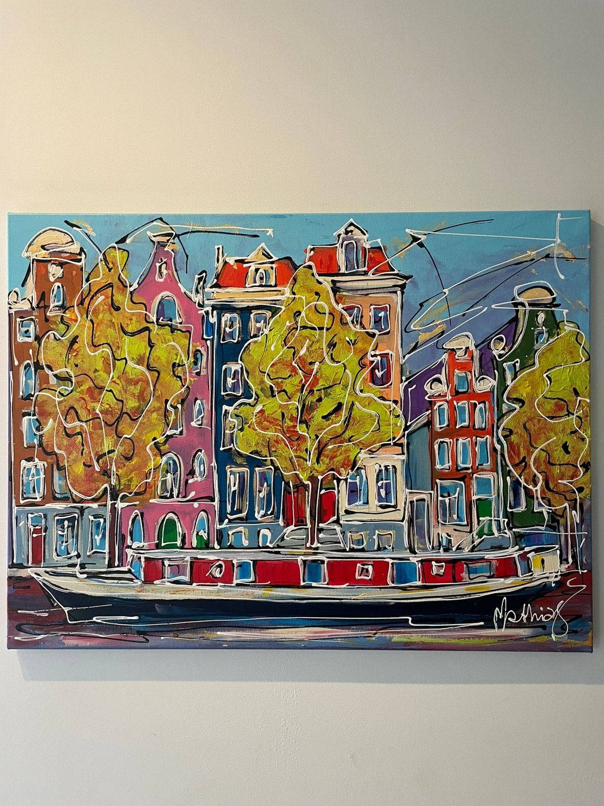 Origineel Acrylschilderij 'Gracht van Amsterdam, herfst', Antiek en Kunst, Acrylverf, Ophalen of Verzenden, Echtheidscertificaat