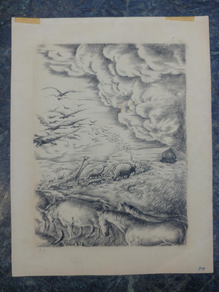 Litho "Dieren op weg naar de ark van Noach", ondertekend PM, Antiek en Kunst, Ophalen of Verzenden