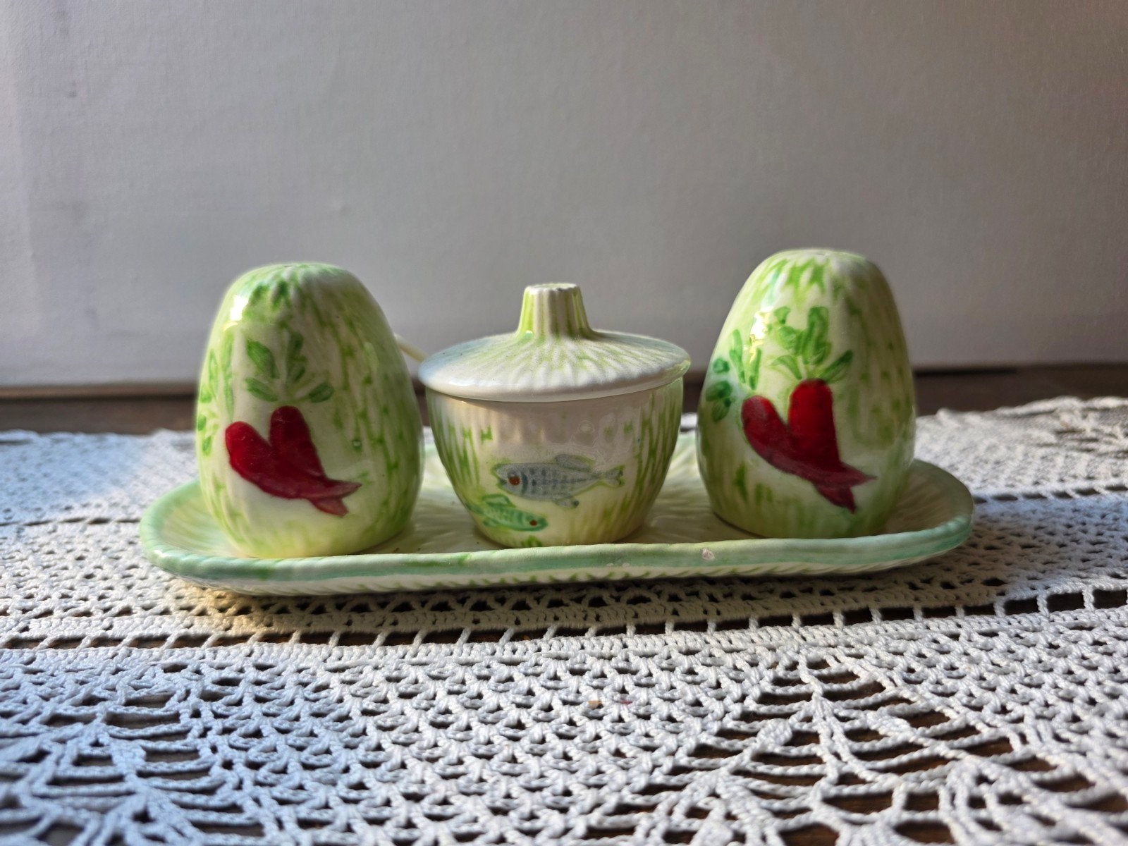 Vintage zout peper mosterd stel met 2 verschillende kanten, Ophalen of Verzenden