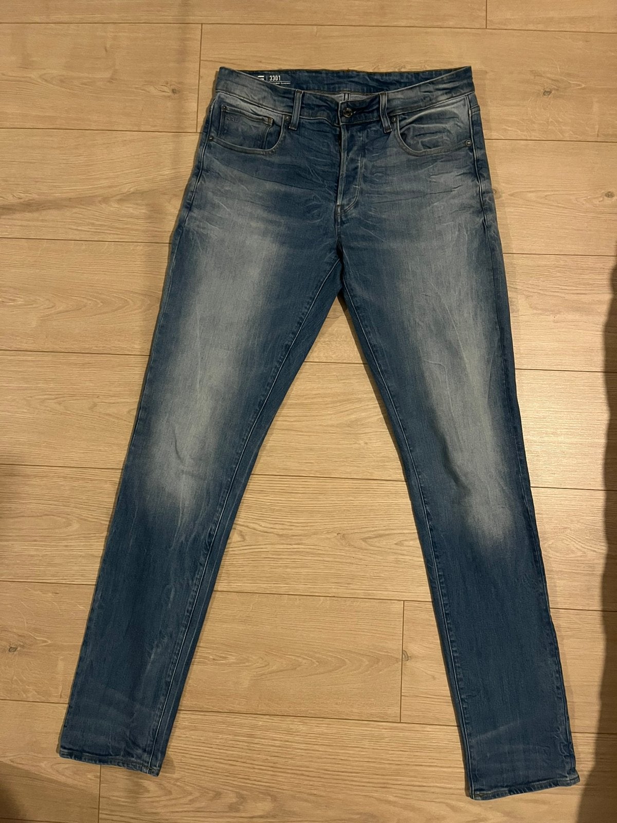 G star RAW 3301 Straight Tapered broek jeans Z.G.A.N W33 L38, Ophalen of Verzenden, Zo goed als nieuw, Blauw, W33 - W34 (confectie 48/50)