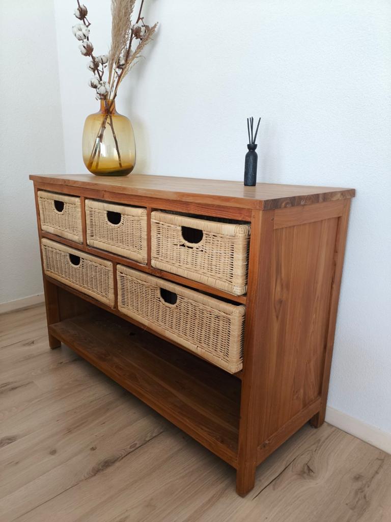 Teakhouten dressoir/ sidetable te koop, Ophalen, Met plank(en), Gebruikt, 100 tot 150 cm