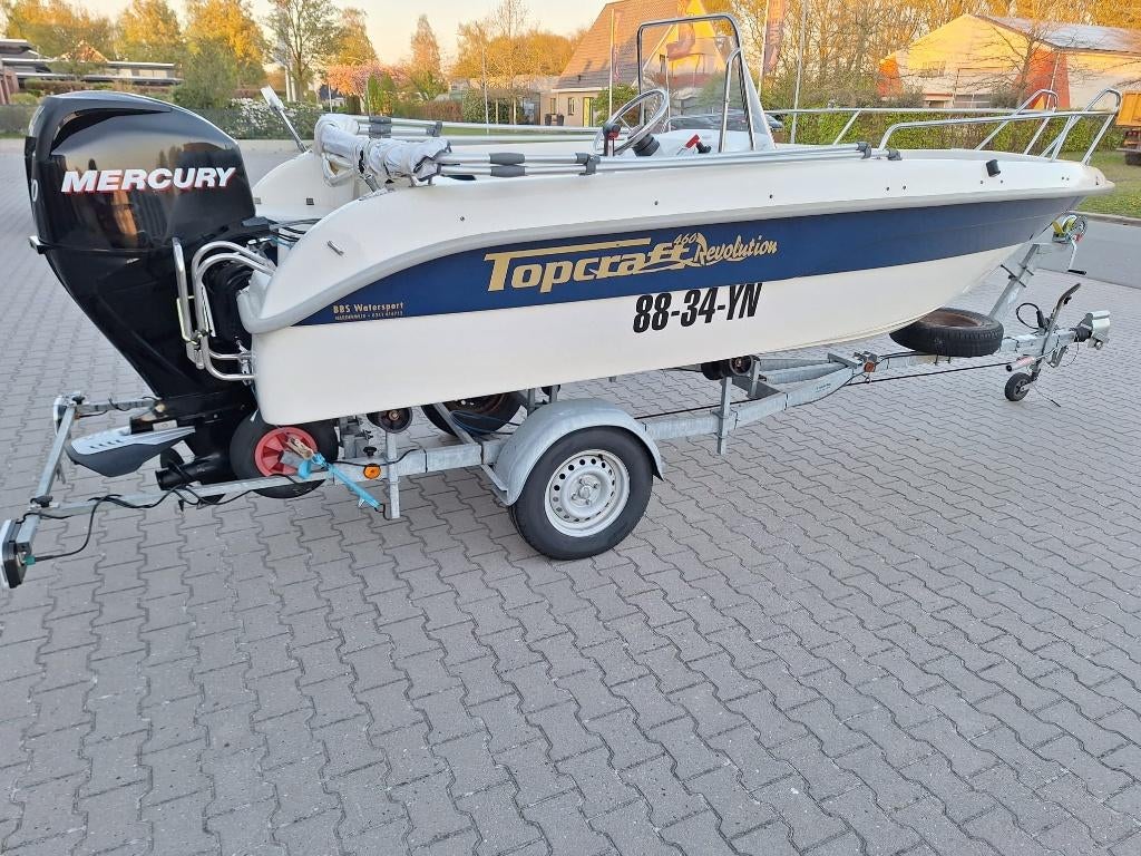 Topcraft 460 revolution 50 pk mercury, Watersport en Boten, Ophalen, Gebruikt, 30 tot 50 pk, 3 tot 6 meter