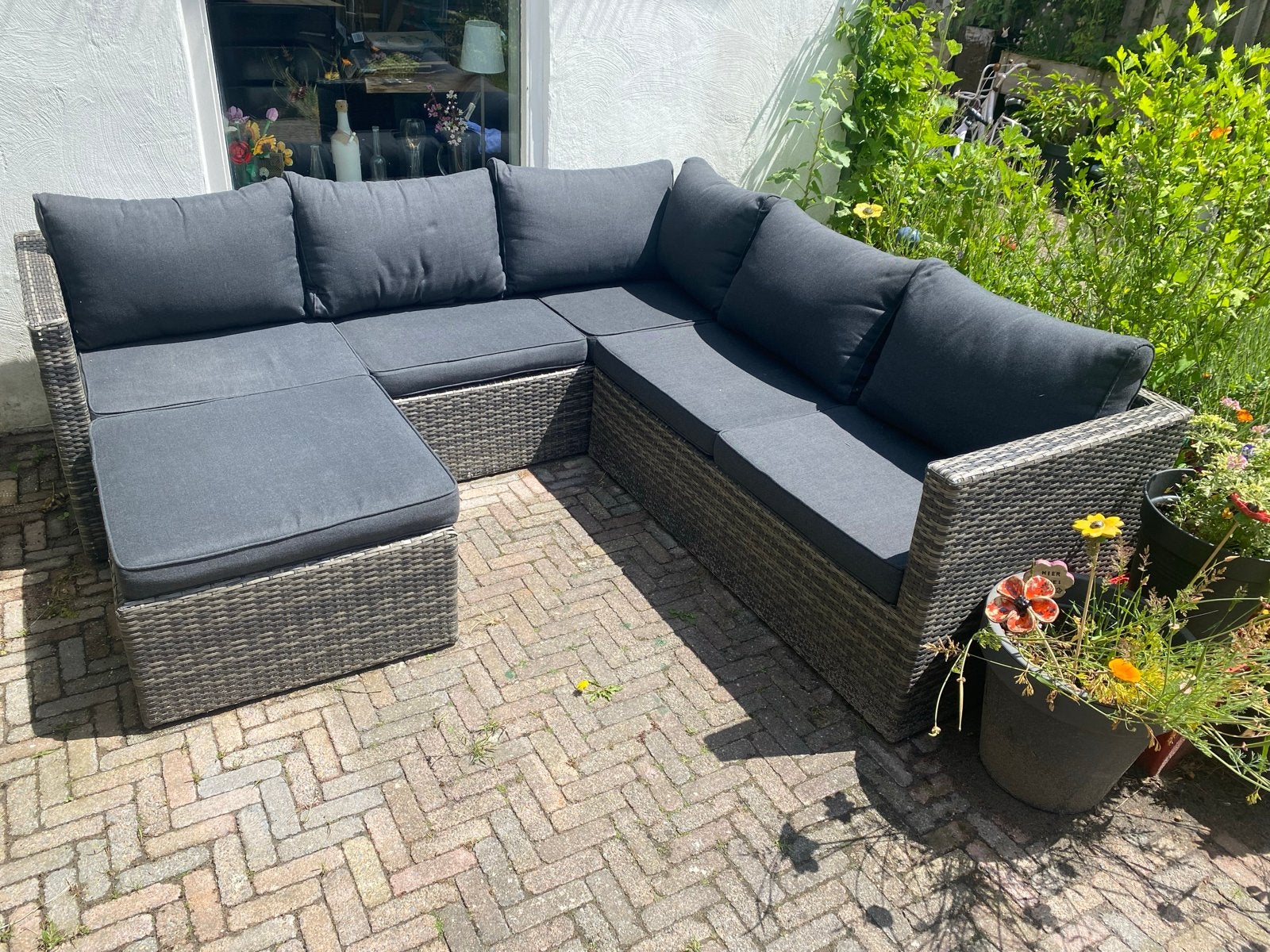 Grote Wicker Loungebank met Kussens, Tuin en Terras, Tuinsets en Loungesets, 5 zitplaatsen, Gebruikt, Ophalen of Verzenden, Loungeset