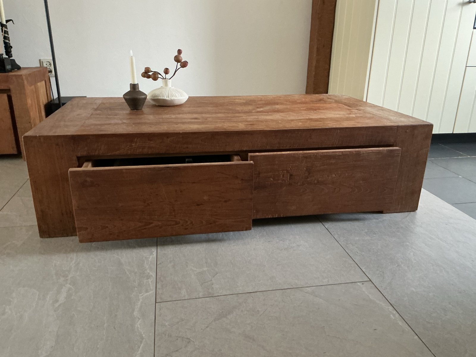 Gerecyclede Teakhouten Salontafel met 4 Laden, Huis en Inrichting, Tafels | Salontafels, Ophalen, Gebruikt, 100 tot 150 cm, Teakhout