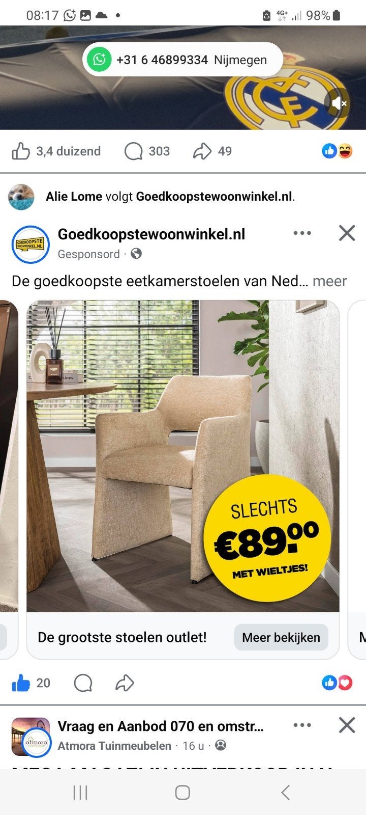 Comfortabele eetkamerstoel met wieltjes, Ophalen, Overige kleuren, Zo goed als nieuw, Eén