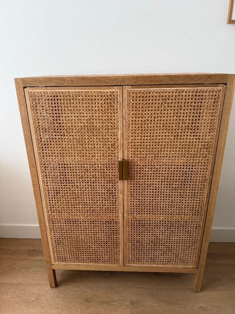 Kast Mari van Loods 5 eiken met webbing/rotan., Ophalen, Met deur(en), 100 tot 150 cm, Eikenhout