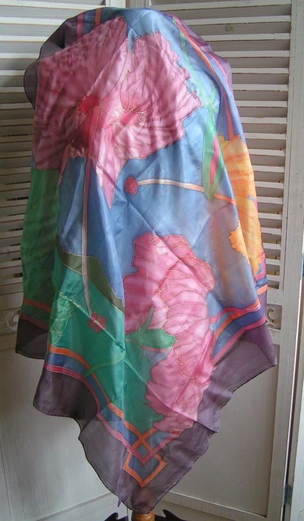 100% zijden handbeschilderde sjaal nr YY 358, Kleding | Dames, Mutsen, Sjaals en Handschoenen, Verzenden, Zo goed als nieuw, Maat 42/44 (L)