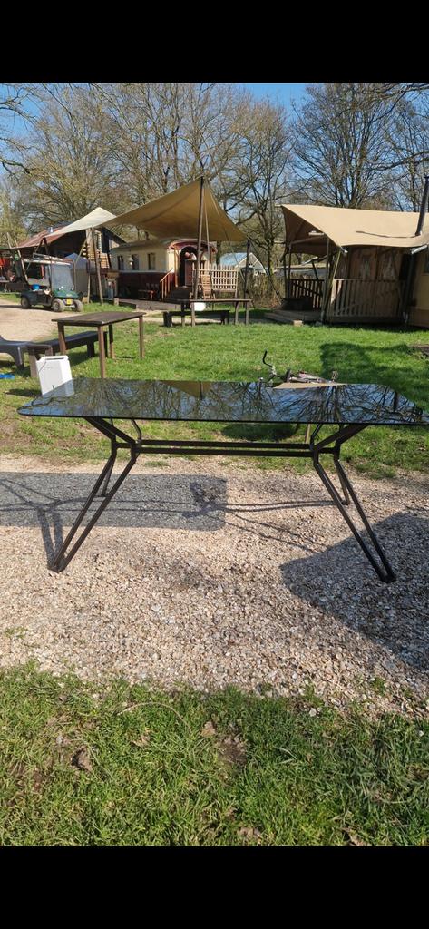 Glazen tafel polspotten, Huis en Inrichting, Tafels | Eettafels, Gebruikt, 50 tot 100 cm, Vijf personen of meer, Rechthoekig, Glas