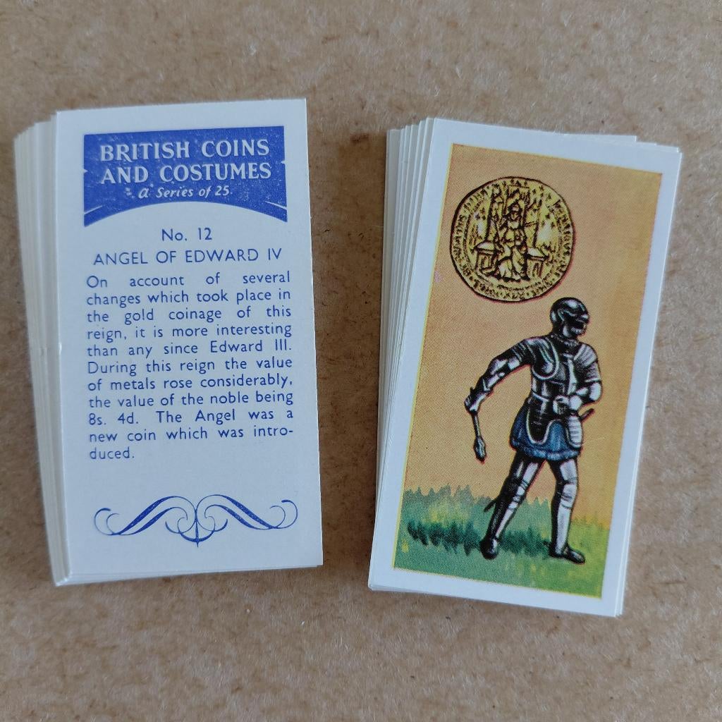 British Coins and Costumes complete set 25 trade cards 1958, Ophalen, Gebruikt
