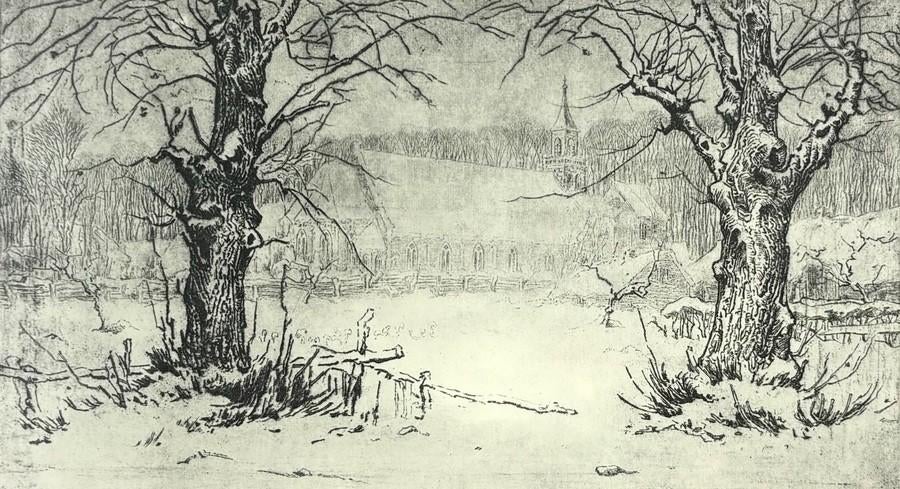 1228. Ets, Toon de Jong – "Oude R.K kerk vanaf de Kerklaan", Antiek en Kunst, Kunst | Etsen en Gravures, Ophalen of Verzenden