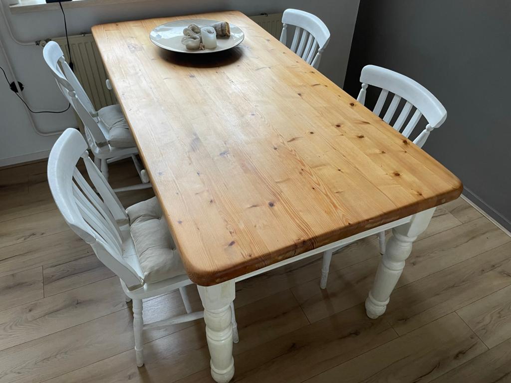 4x oud grenen houten eetkamer stoelen - krijtverf wit, Huis en Inrichting, Stoelen, Ophalen, Gebruikt, Brocant, landelijk, Wit