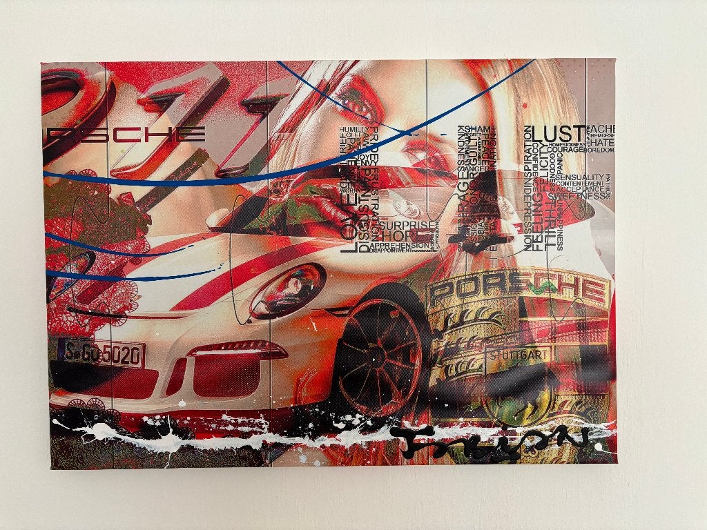 Fabian schilderij “Porsche 911 GT3” 70x50x3cm., Ophalen of Verzenden, Gesigneerd, Gemengde techniek, Voertuigen