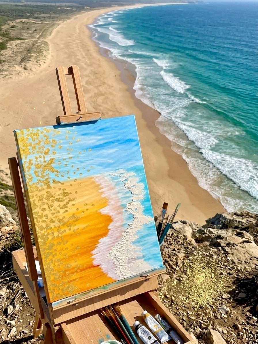 Zomerse Zee Herinnering: Acryl & Bladgoud op Canvas, Landschap, Acrylverf, Verzenden, Gesigneerd