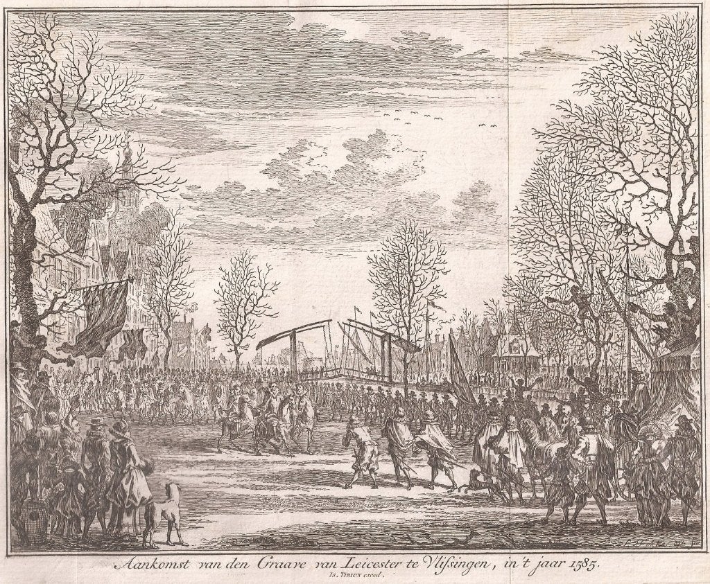 Aankomst van Graave van Leicester te Vlissingen, in 1585, Origineel, Stadsgezicht, 19 cm, Ophalen of Verzenden