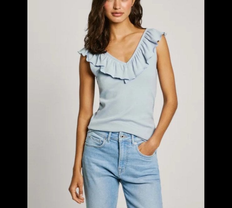 Stradivarius lichtblauwe top met ruches, Kleding | Dames, Maat 38/40 (M), Blauw, Ophalen of Verzenden, Zo goed als nieuw