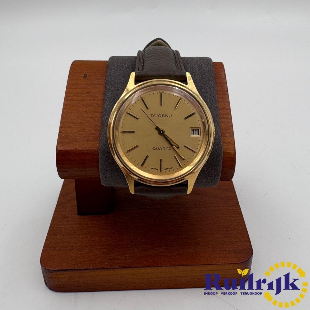 Dugena vintage horloge goudkleur lederen band, Flex Ltd., Zo goed als nieuw, https://flex.com/contact-us, Nobelstraat 10, 5807 GA Oostrum LB, Limburg, Nederland