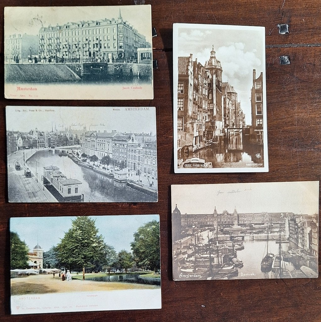 5 antieke ansichtkaarten van Amsterdam, Verzamelen, Ophalen of Verzenden, Voor 1920, Gelopen, Noord-Holland
