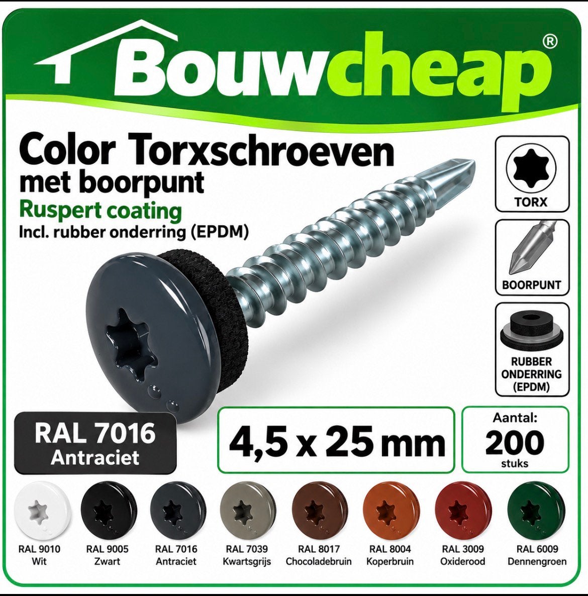 Rvs golfplaatschroeven met duoring, Doe-het-zelf en Verbouw, Zwart, Nieuw, Ophalen of Verzenden, Minder dan 5 m²