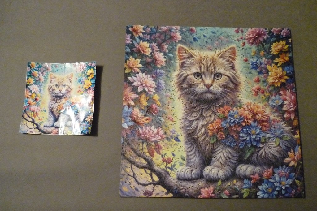 Houten puzzel (A3) '' Poes '' + Poster  143 st., Hobby en Vrije tijd, Denksport en Puzzels, Ophalen, Minder dan 500 stukjes, Zo goed als nieuw