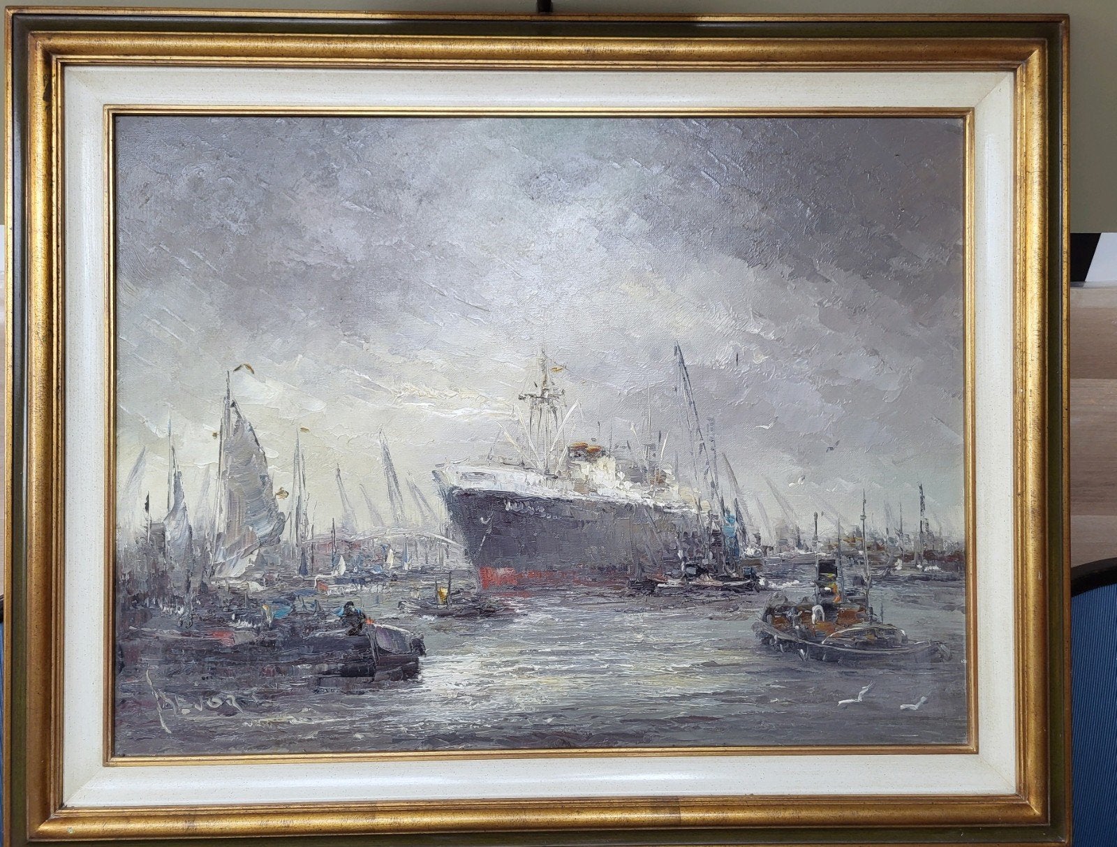 Jan Bévort, 97 x 78, Rotterdamse haven., Ophalen, Maritiem / water, Doek, Gesigneerd