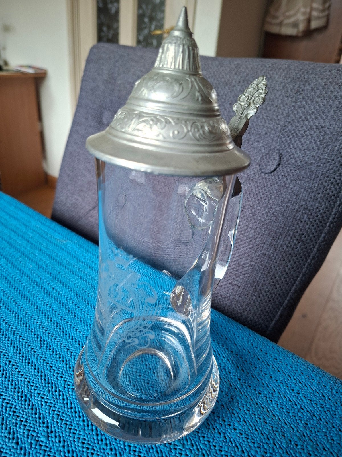 Antieke Glazen Bierpul met Tin Deksel - D.B.G.M. Gemerkt, Ophalen of Verzenden
