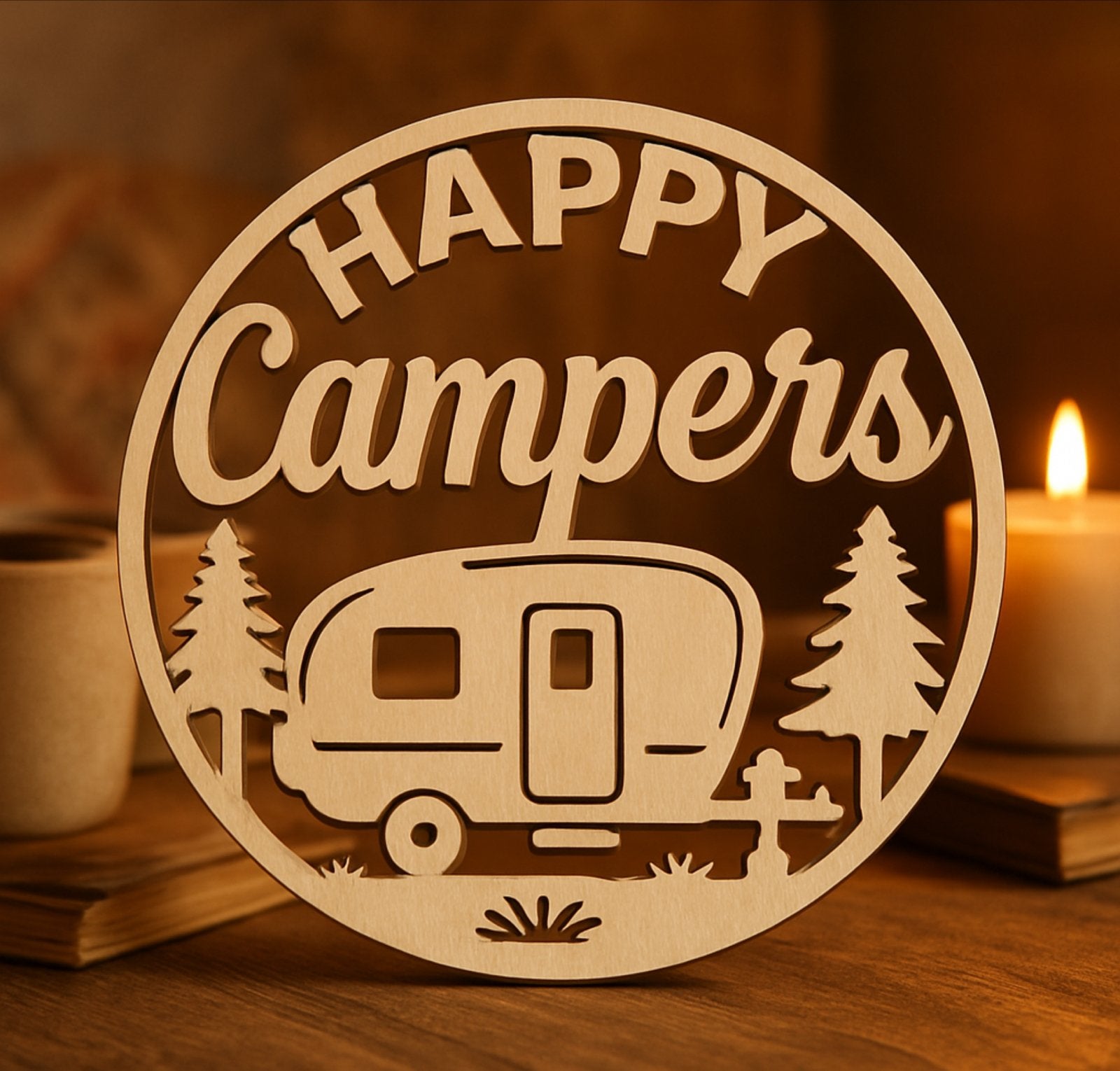 Houten Sierbord 'Happy Campers' - Ø 20 cm, Beige, Nieuw, Ophalen of Verzenden, Vintage