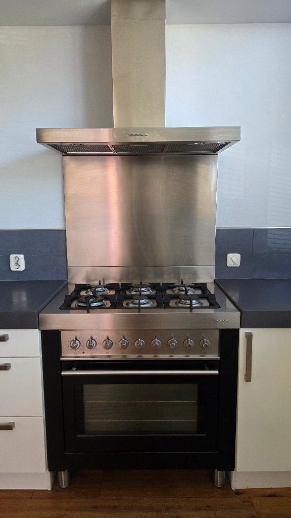 Luxe Solitaire 6-pits fornuis + afzuigkap + RVS achterwand, Ophalen, Gebruikt, 60 cm of meer, Gas