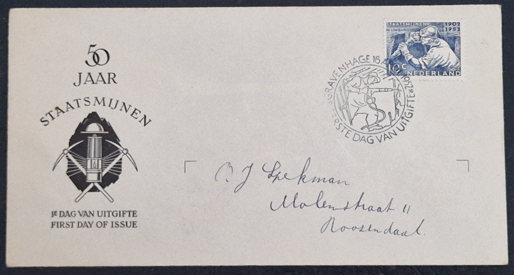 Nederland 1952 - nvph FDC E8 - Mijnwerker, Ophalen of Verzenden, Na 1940