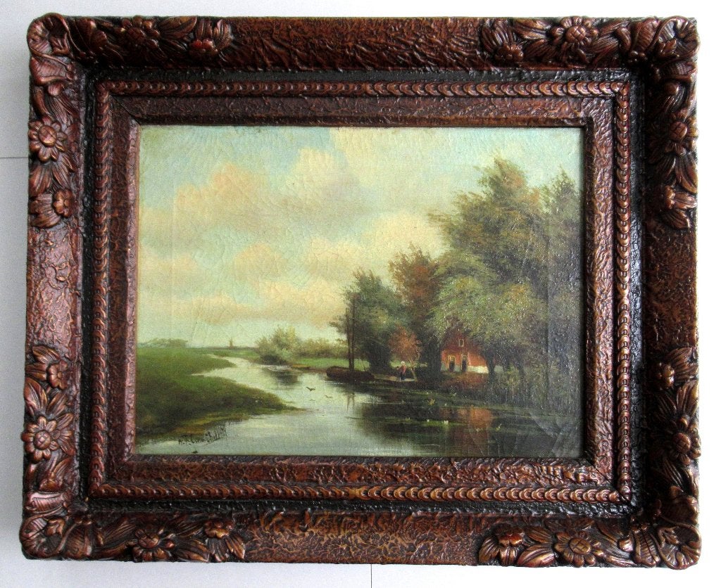 Antiek schilderij 'Boerderij' olieverf op doek, gesigneerd., Ophalen of Verzenden