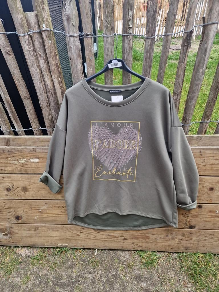 Groene sweater met 'L'amour J'adore' opdruk - One Size, Kleding | Dames, Tops, Nieuw, Maat 46/48 (XL) of groter, Groen, Lange mouw
