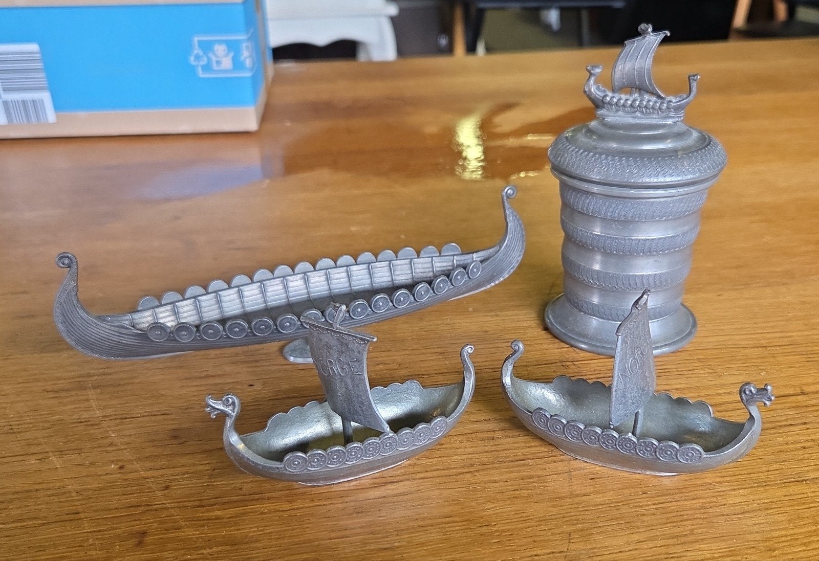 vintage Noorse tinnen (pewter) miniatuur vikingschip, Ophalen of Verzenden
