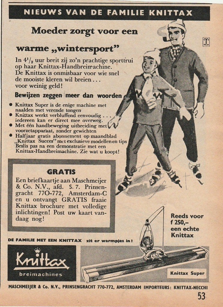 retro reclame 1958 Knittax vader & jongetje schaatsen sneeuw, Verzenden, Overige typen