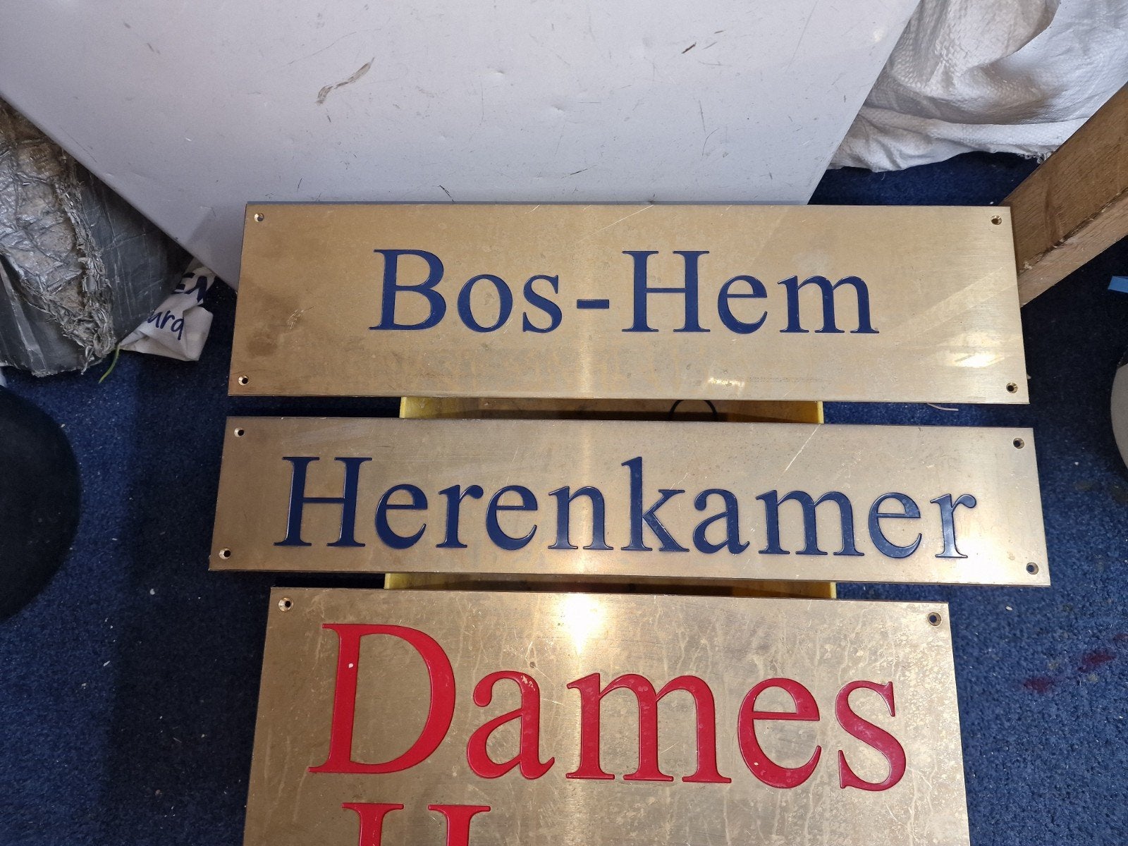 Vintage messing borden: Dames/Heren, Herenkamer, Bos-Hem, Ophalen of Verzenden