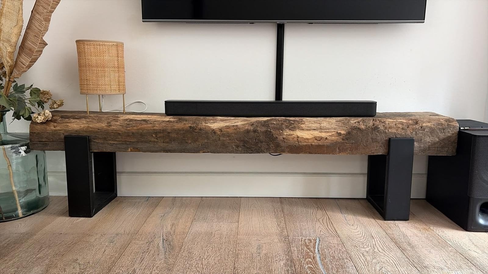 TV-meubel van oude spoorbiels, Gebruikt, 150 tot 200 cm, Industrieel, Landelijk, Rustiek, Minder dan 100 cm