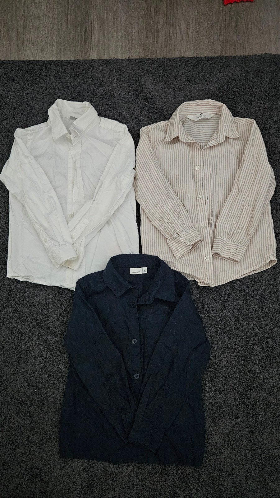 3 Kinderoverhemden: Wit, Gestreept & Blauw, maat 104/110, Ophalen of Verzenden, Gebruikt, Name It, H&M, Jongen of Meisje