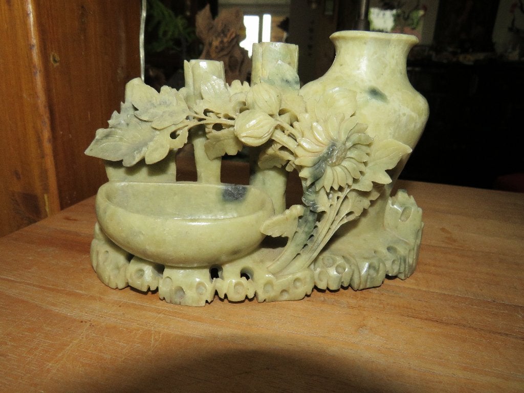 Vintage Chinese Speksteen Lotus Sculptuur Vaas, Ophalen of Verzenden