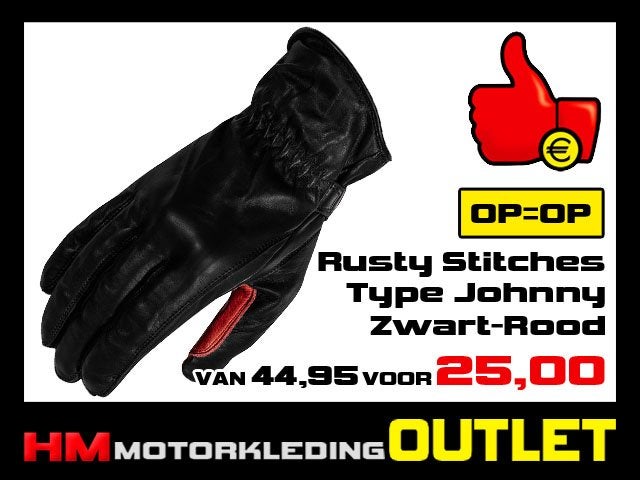 Motorhandschoen Rusty Stitches Johnny - Zwart-Rood - Retro, Info@huybersmotoren.nl, HM - Sale, NL, Dames
