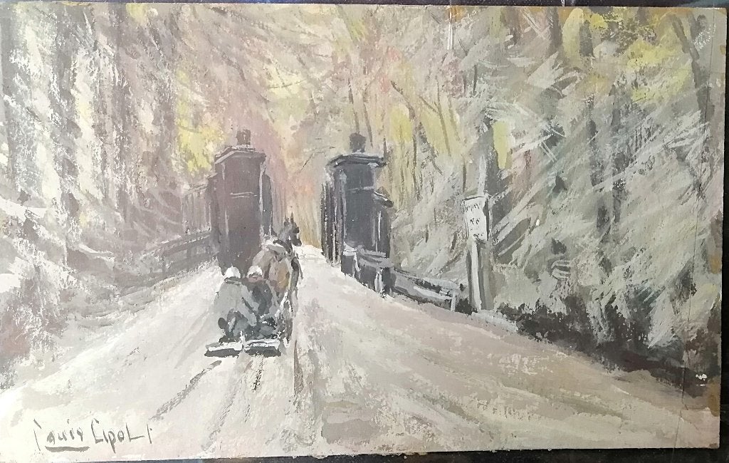 Louis Apol " Winterscene " gouache op karton 10 x 16 cm, Ophalen of Verzenden