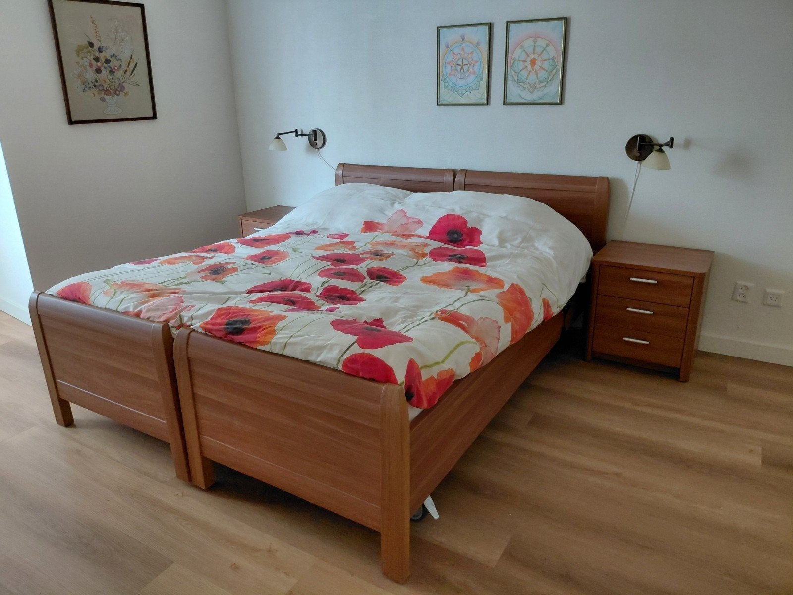 Tweepersoonsbed (twee losse bedden), elektrische lattenbodem, Ophalen, Bruin, Tweepersoons, 200 cm