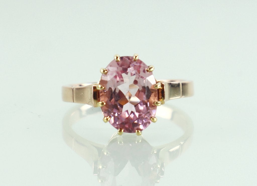 Rosé gouden ring met grote roze toermalijn, Ophalen of Verzenden, Goud, Ring, Met edelsteen