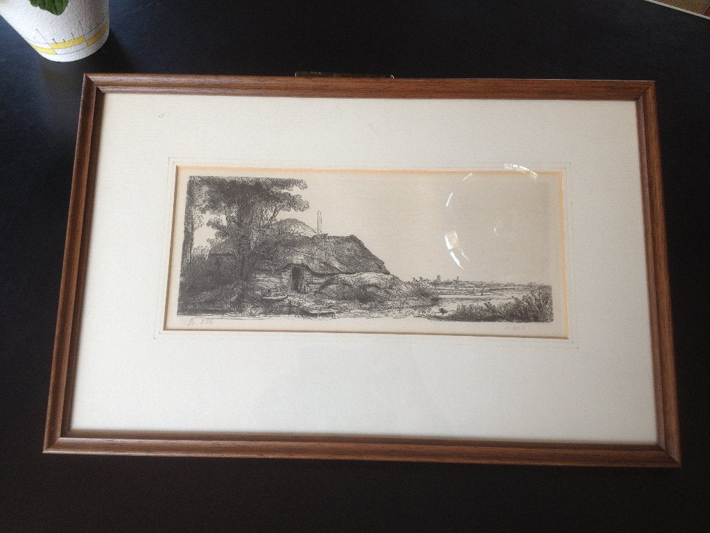 Rembrandt : Landschap met huisje en grote boom., Ingelijst, Ets, 33 cm, Landschap