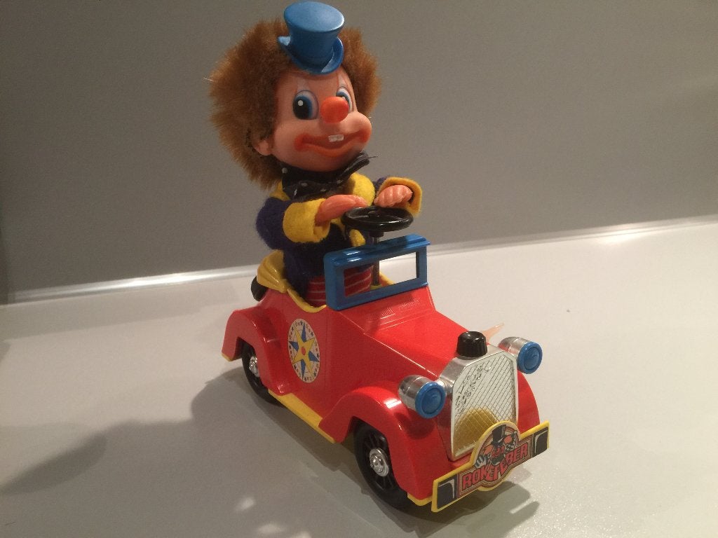 Clown in opwindbare auto, Verzamelen, Speelgoed, Ophalen, Gebruikt
