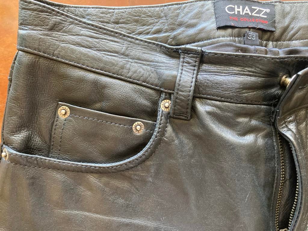 Klok gave Chazz leren jeans maat 33 €25,incl verz postnl, Verzenden, Zo goed als nieuw, Zwart, W33 - W34 (confectie 48/50)