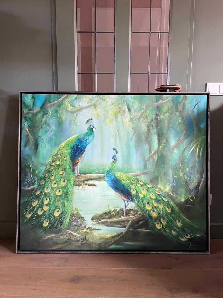 XL Schilderij "Twee pauwen" - Jan Kooistra, Antiek en Kunst, Ophalen