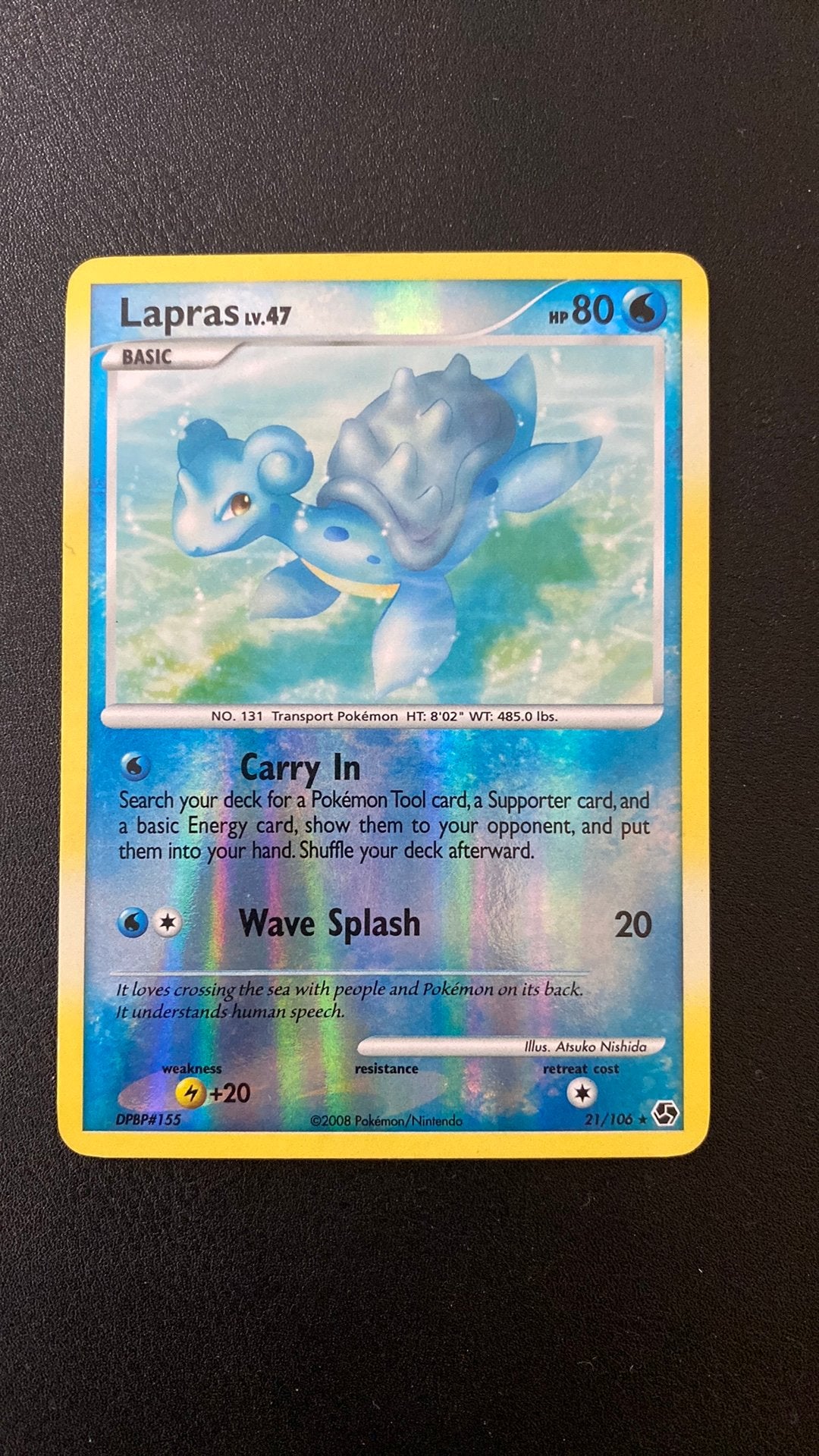 Pokemon lapras lv 47 reverse holo 21/106 great encounters, Ophalen of Verzenden, Zo goed als nieuw, Losse kaart