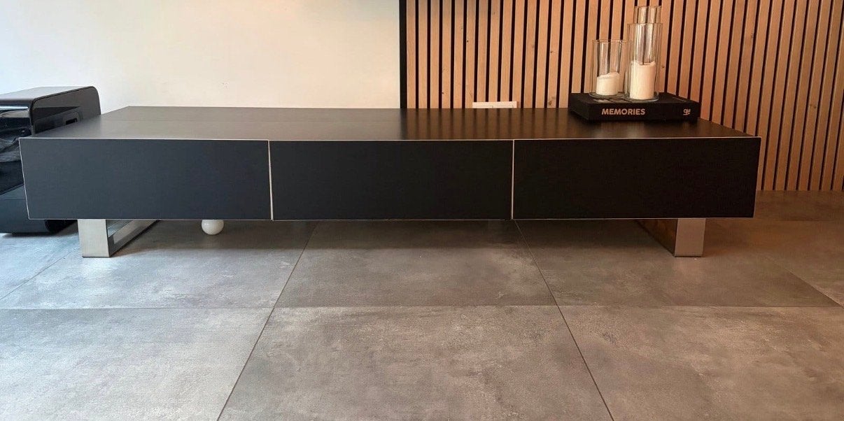 Modern TV-meubel met opbergruimte - Zwart/Wit, Ophalen, Overige materialen, Zo goed als nieuw, 200 cm of meer