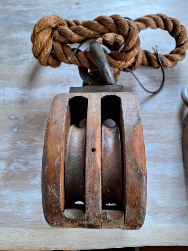 Grote Vintage Houten Dubbele Katrol schreepsblok Decoratie, Ophalen of Verzenden