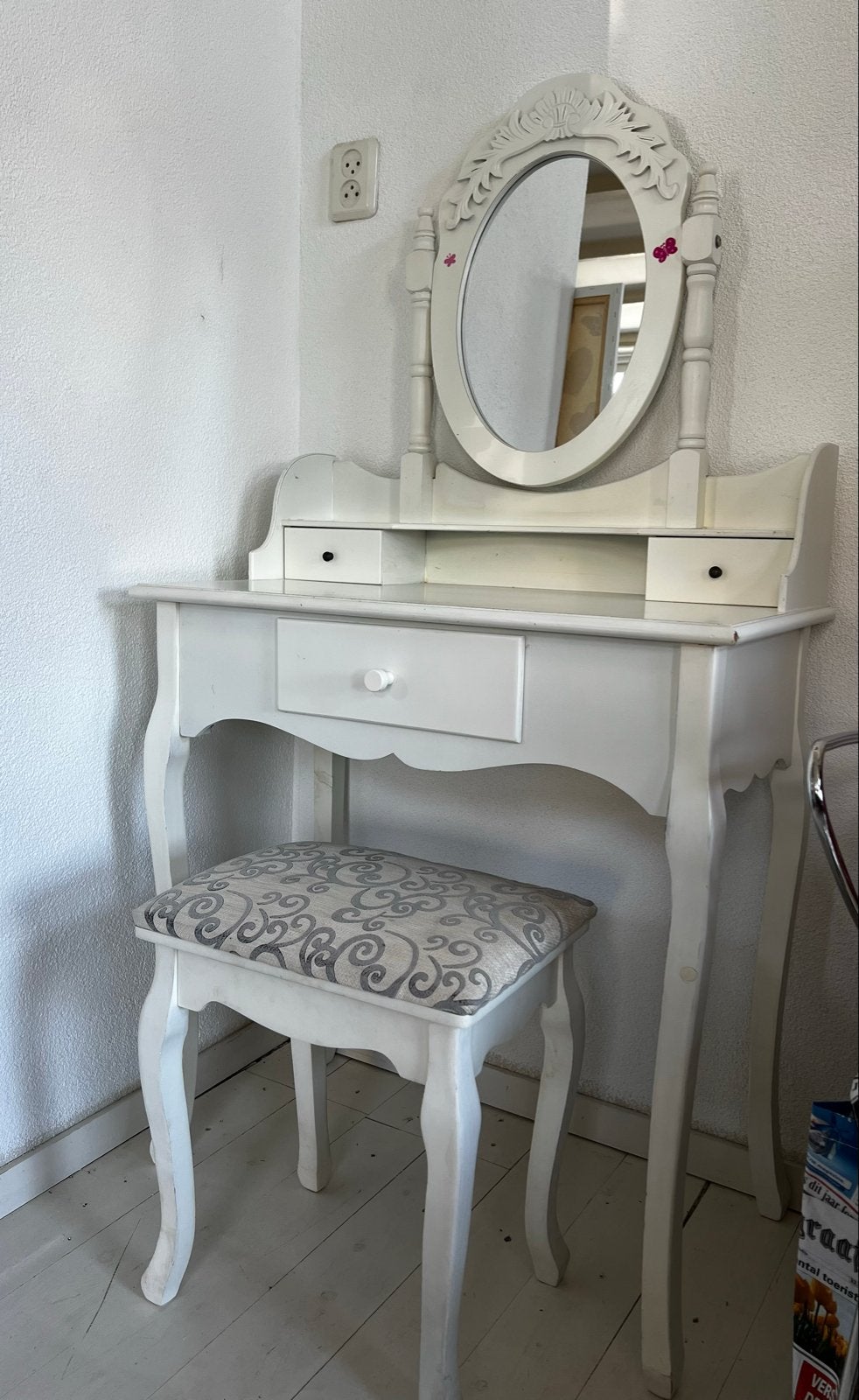 Witte kaptafel met spiegel en krukje, Huis en Inrichting, Tafels | Kaptafels, Ophalen, Gebruikt, 100 tot 150 cm, 50 tot 100 cm
